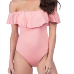 Trina Turk off the shoulder swim suit light coral